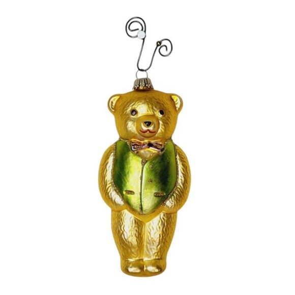 Whitehurst Mercury Glass Hand Painted Teddy Bear Green Vest Christmas Ornament - Picture 3 of 9